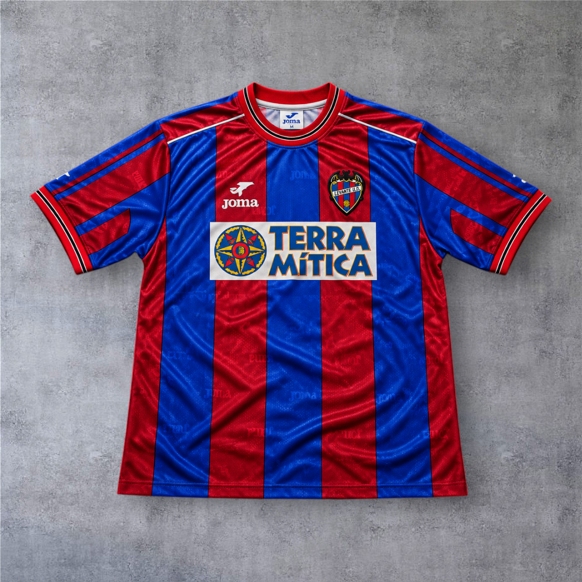 Camisola de futebol A minha loja Levante 1999/00, listrada em azul e vermelho com patrocinador Terra Mítica