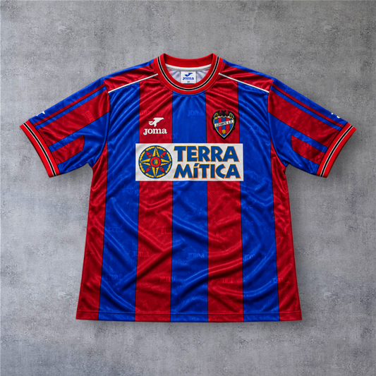 Camisola de futebol A minha loja Levante 1999/00, listrada em azul e vermelho com patrocinador Terra Mítica