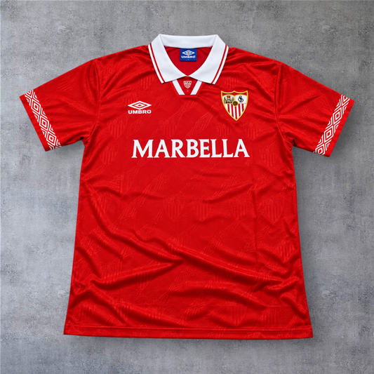Camisola de futebol A minha loja Sevilla 1994 Away vermelha com gola branca e detalhes clássicos Umbro