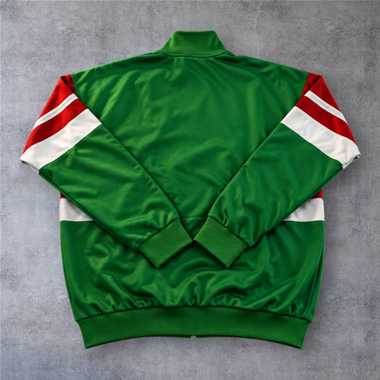 Casaco vintage A minha loja do México 1986, verde com detalhes em vermelho e branco, estilo desportivo retro.