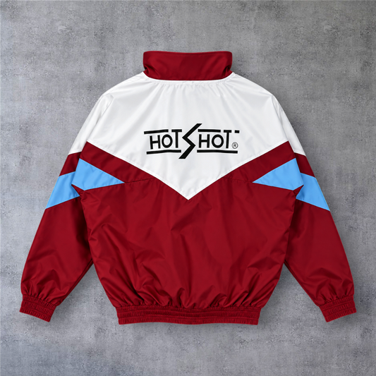 Casaco vintage Sevilla 1993/94 A minha loja, design desportivo em vermelho, branco e azul com fecho completo.