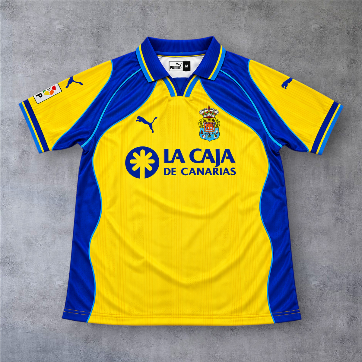 Camisola oficial A minha loja Las Palmas 2000/01 amarela e azul com emblema do clube e patrocinador La Caja
