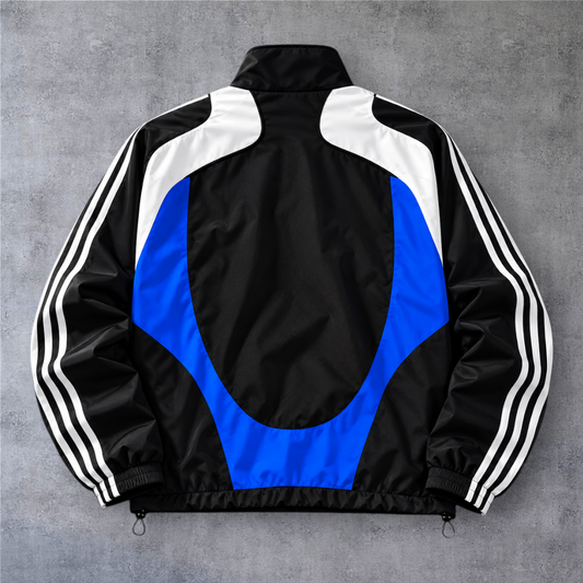 Casaco vintage Chelsea 2008/09 da A minha loja, design desportivo preto, azul e branco com fecho completo.
