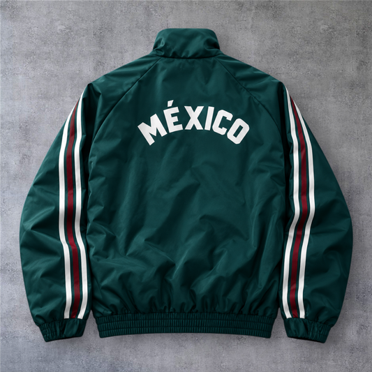 Casaco vintage A minha loja do México verde com fecho frontal, riscas laterais e letras brancas nas costas