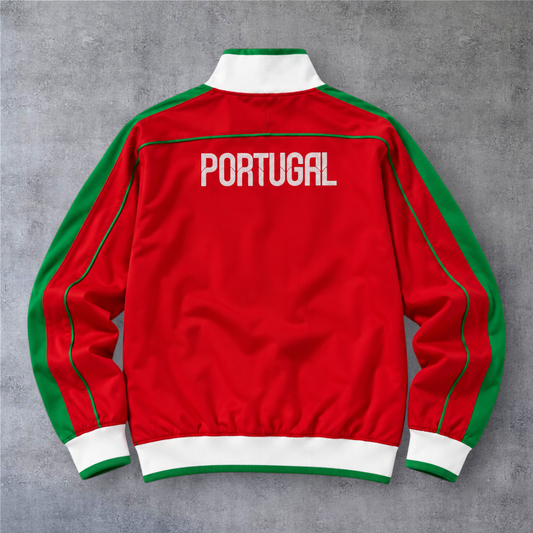 Casaco vintage de futebol de Portugal 2010/11 da A minha loja, vermelho com detalhes verdes e brancos e fecho completo