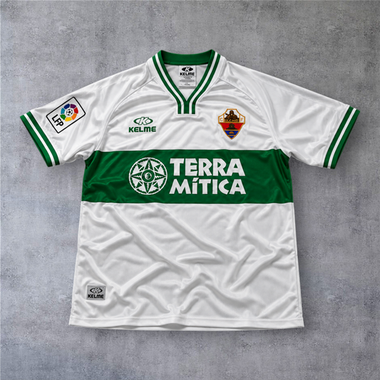 Camisola de futebol A minha loja Elche 1999/00 branca e verde com o número 26 do jogador Nino e emblema do clube