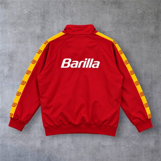 Casaco vintage A minha loja Roma 1998/99 vermelho e amarelo com fecho completo e logótipo Barilla nas costas