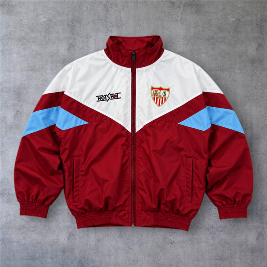 Casaco vintage A minha loja Sevilla 1993/94, vermelho e branco com fecho completo e emblema do clube.