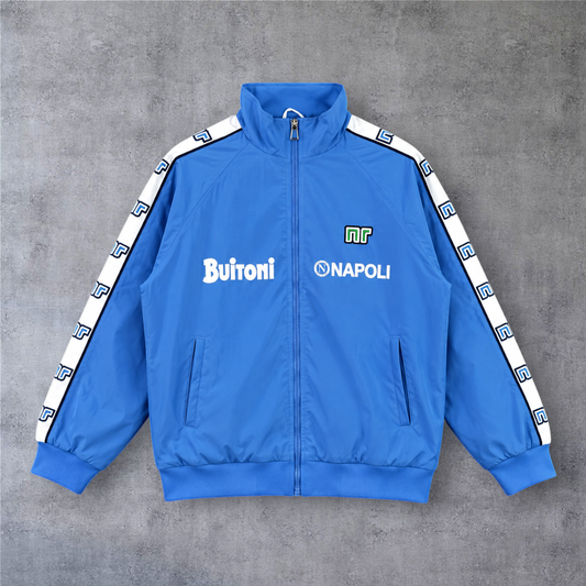 Casaco vintage A minha loja Napoli 1987/88 azul com fecho frontal, logótipos Buitoni e Napoli e riscas laterais
