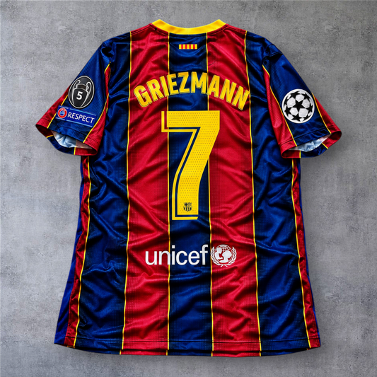 Camisola oficial A minha loja do Barcelona 2020/21, modelo Griezmann 7, com emblemas da Champions League nas mangas.