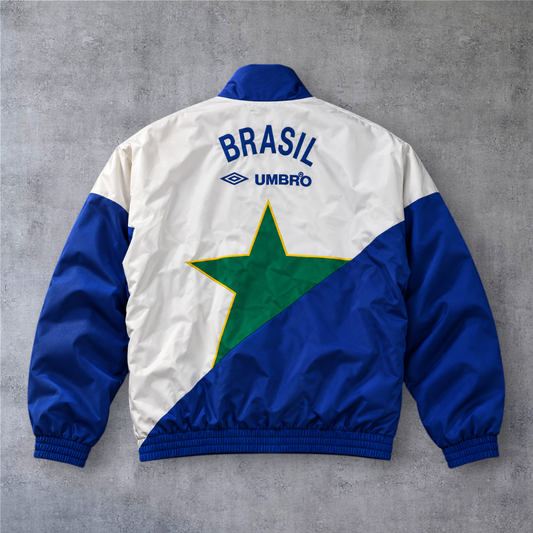 Casaco vintage A minha loja Brasil 1994, design com fecho, detalhes em azul, branco e estrela verde nas costas.