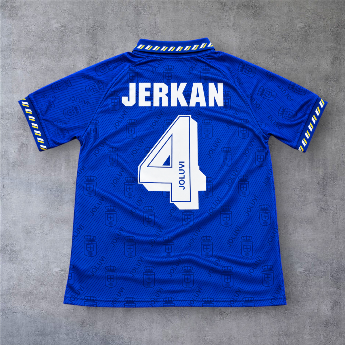Camisola de futebol A minha loja Oviedo 1995/96 azul com o nome Jerkan e o número 4 nas costas