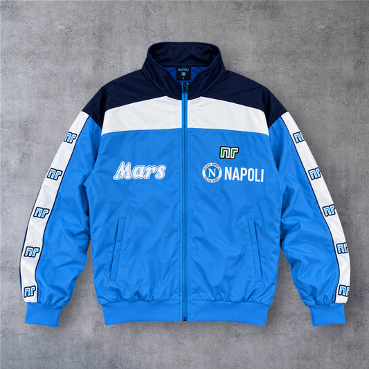 Casaco vintage A minha loja Napoli 1990 azul e branco com fecho completo, logótipos e detalhes desportivos clássicos.