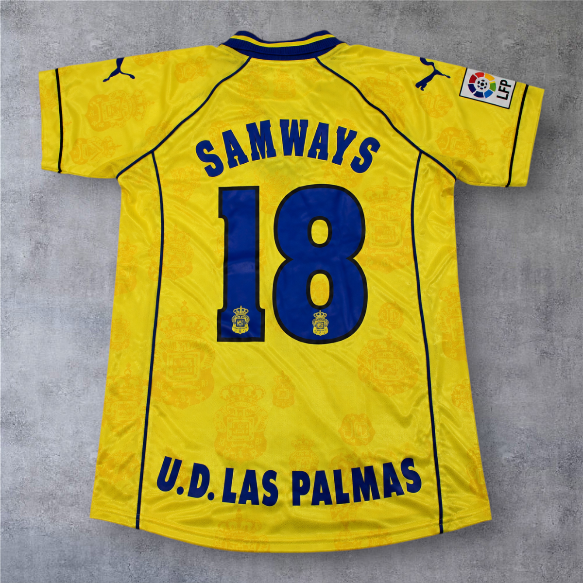 Camisola A minha loja Las Palmas 1997/98 amarela com nome Samways e número 18 nas costas, tecido leve e respirável.