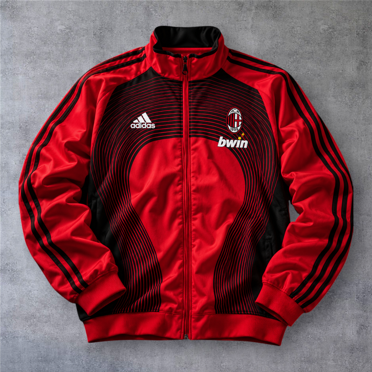 Casaco vintage A minha loja do AC Milan 2006/07, vermelho e preto com fecho completo e detalhes desportivos.
