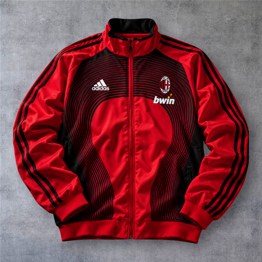 Casaco vintage A minha loja do AC Milan 2006/07, vermelho e preto com fecho completo e detalhes desportivos.
