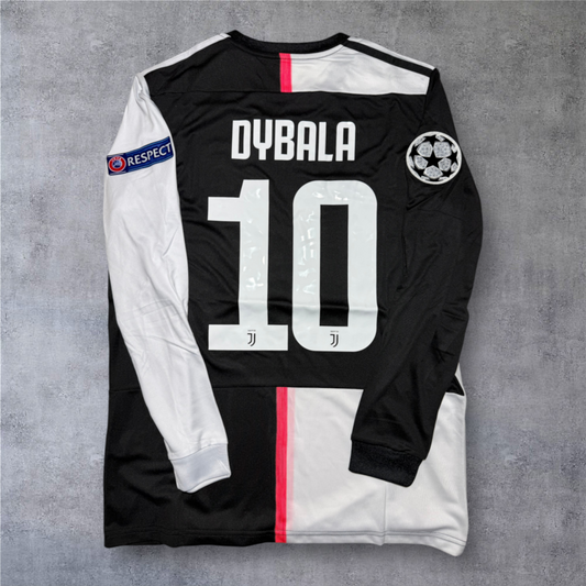Camisola de futebol A minha loja Juventus 2019/20 manga comprida Dybala 10, design preto e branco com detalhes rosa.