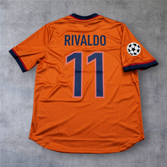 Camisola de futebol A minha loja do Barcelona 1998, cor laranja com nome Rivaldo e número 11 nas costas