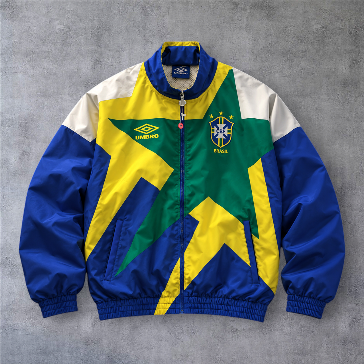 Casaco vintage A minha loja do Brasil de 1994 com fecho completo, padrão geométrico em azul, amarelo e verde.