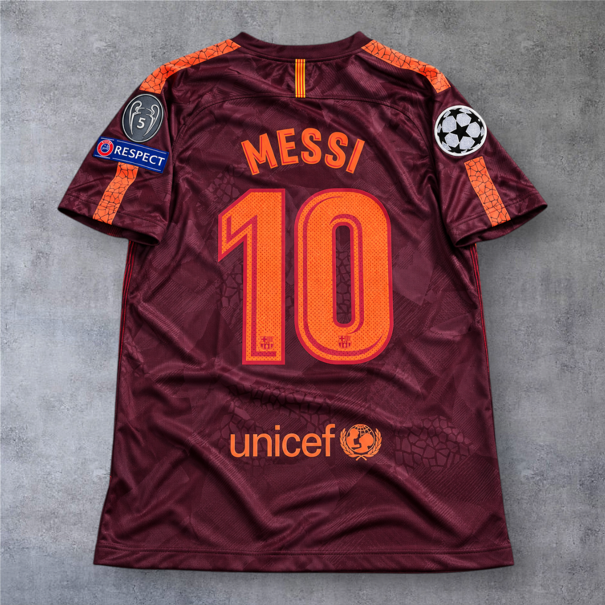 Camisola A minha loja do Barcelona 2017/18 Third Kit de Messi número 10 com emblemas da Champions League