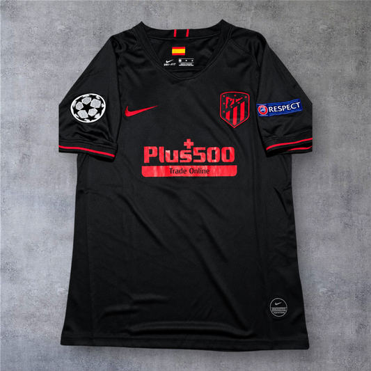 Camisola de futebol A minha loja do Atlético Madrid 2019/20, preta com detalhes vermelhos e emblemas da Champions
