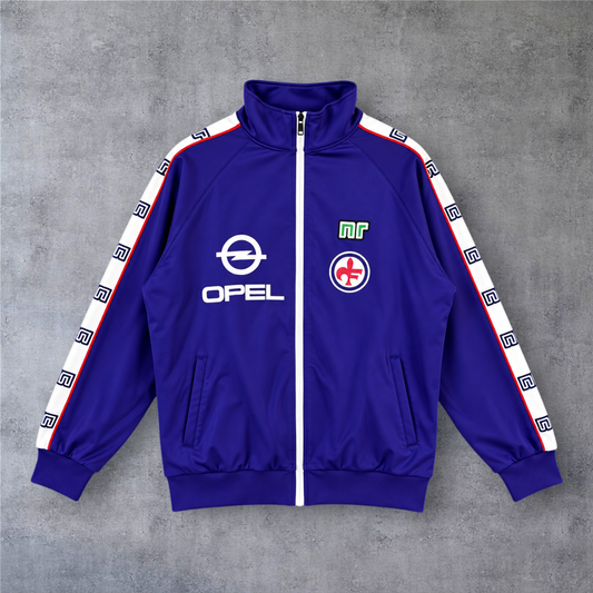 Casaco vintage A minha loja Fiorentina 1986 azul com fecho completo, detalhes Opel e emblemas desportivos