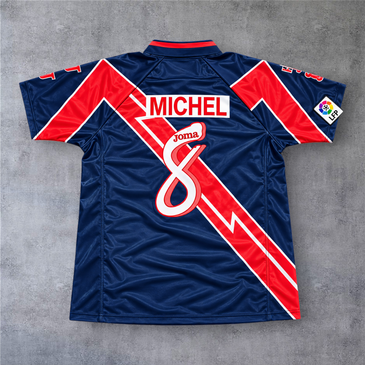 Camisola de futebol A minha loja Rayo Vallecano 1995/96 fora, azul com risca vermelha, nome Michel e número 8