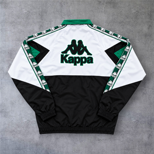 Casaco vintage Betis 1996/97 A minha loja, design full-zip com logótipo Kappa nas costas, cores verde, branco e preto.