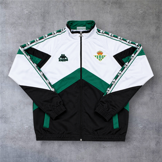 Casaco vintage A minha loja do Betis 1996/97, branco, verde e preto com fecho completo e detalhes Kappa.