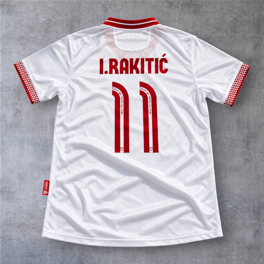 Camisola de futebol A minha loja Sevilla 2012/13 branca com nome I. Rakitic e número 11 nas costas
