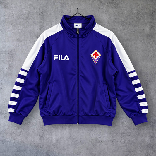 Casaco vintage A minha loja Fiorentina 1999 azul e branco com fecho completo, logótipo Fila e emblema do clube