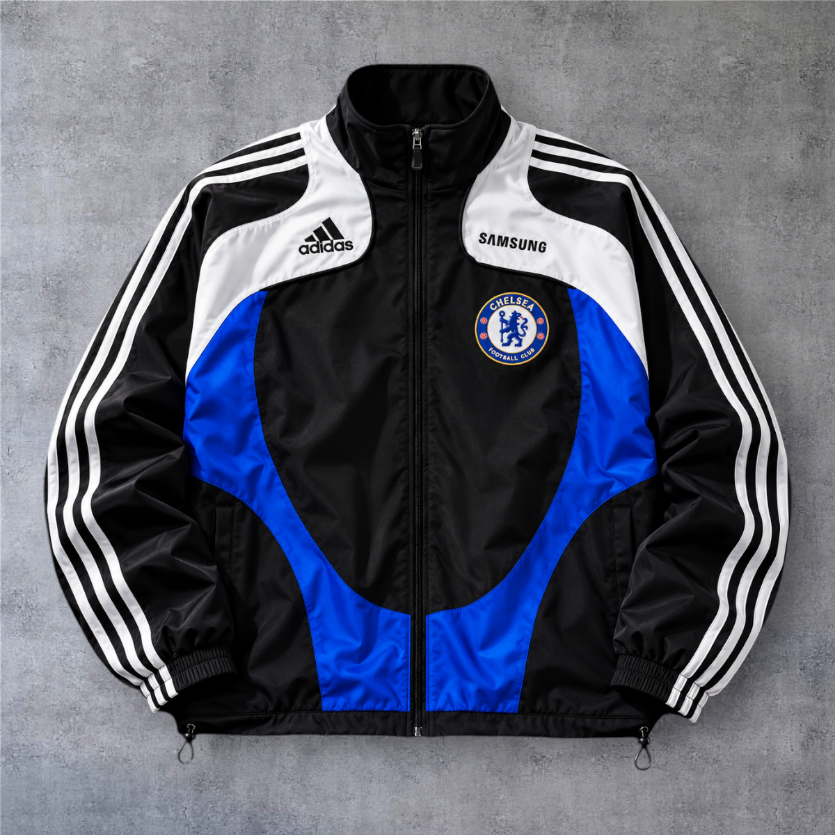 Casaco vintage Chelsea 2008/09 A minha loja, preto, azul e branco com fecho frontal e logótipos da Adidas e Samsung.