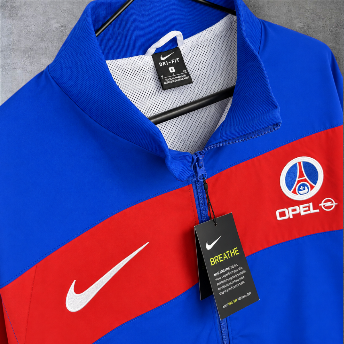 Casaco vintage A minha loja PSG 1996 azul e vermelho com fecho completo e logótipo Nike Dri-FIT