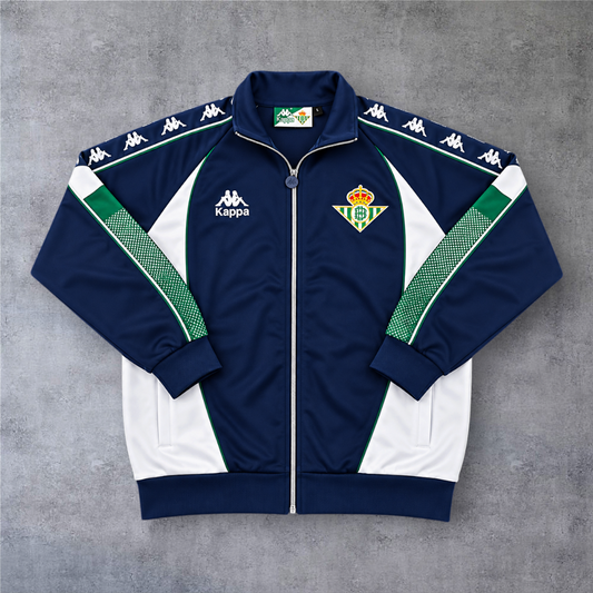 Casaco vintage A minha loja do Betis 1995/96 azul e branco com fecho completo e detalhes Kappa nas mangas