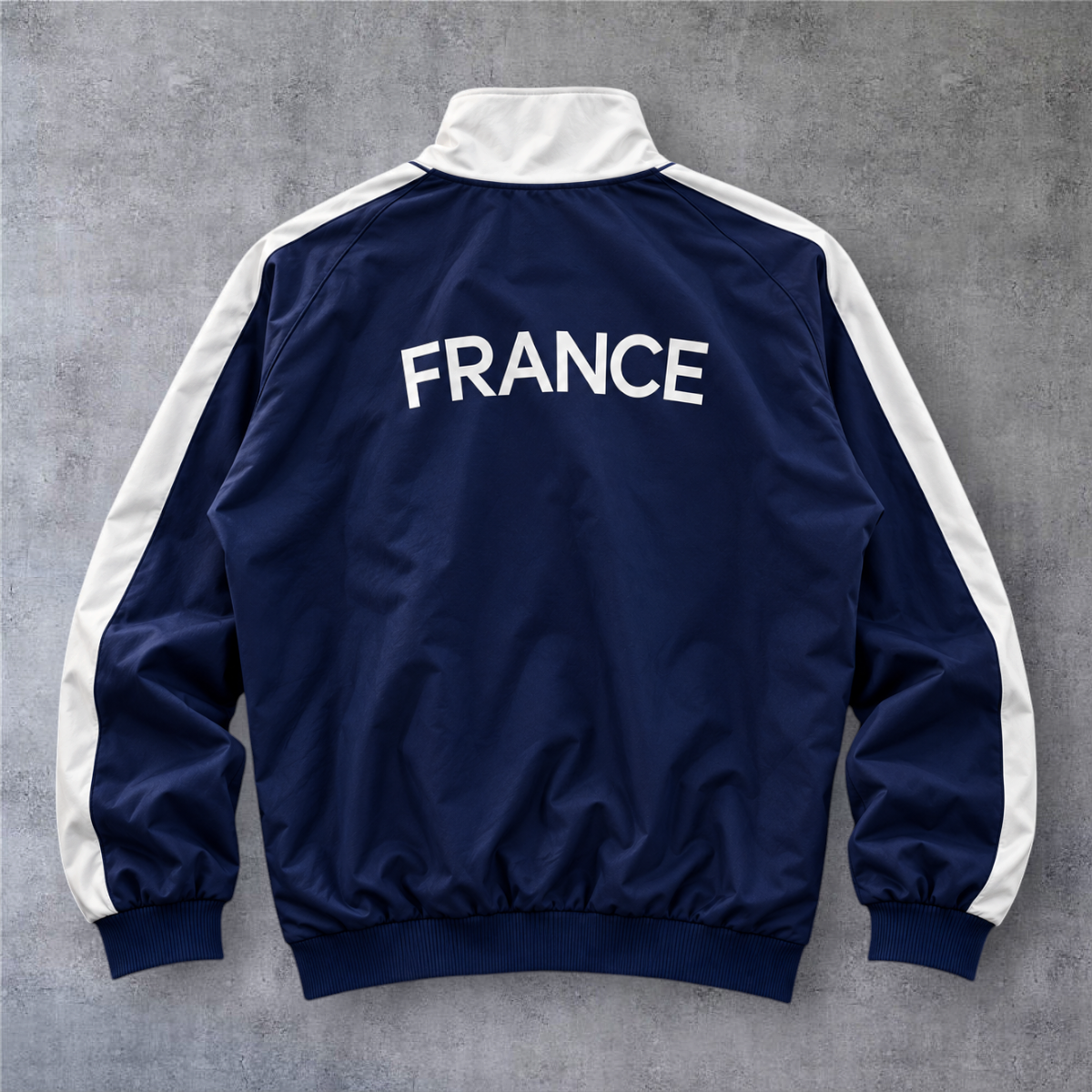 Casaco vintage A minha loja da França 2014, azul-marinho com detalhes brancos e fecho de correr nas costas.