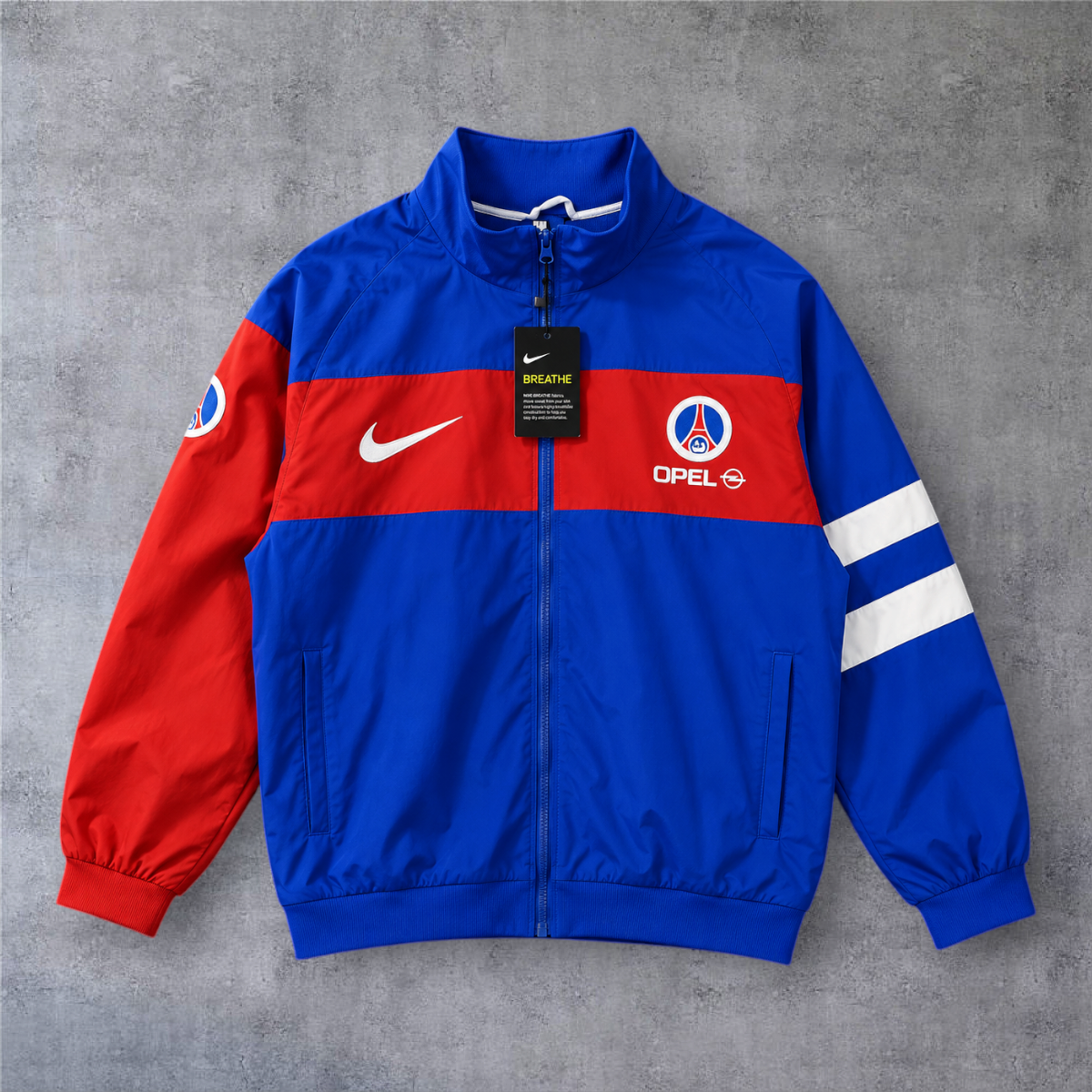 Casaco vintage A minha loja PSG 1996 azul e vermelho com fecho completo e emblemas clássicos de futebol