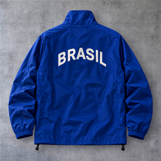 Casaco vintage A minha loja do Brasil de 1998 em azul com fecho completo e inscrição Brasil nas costas