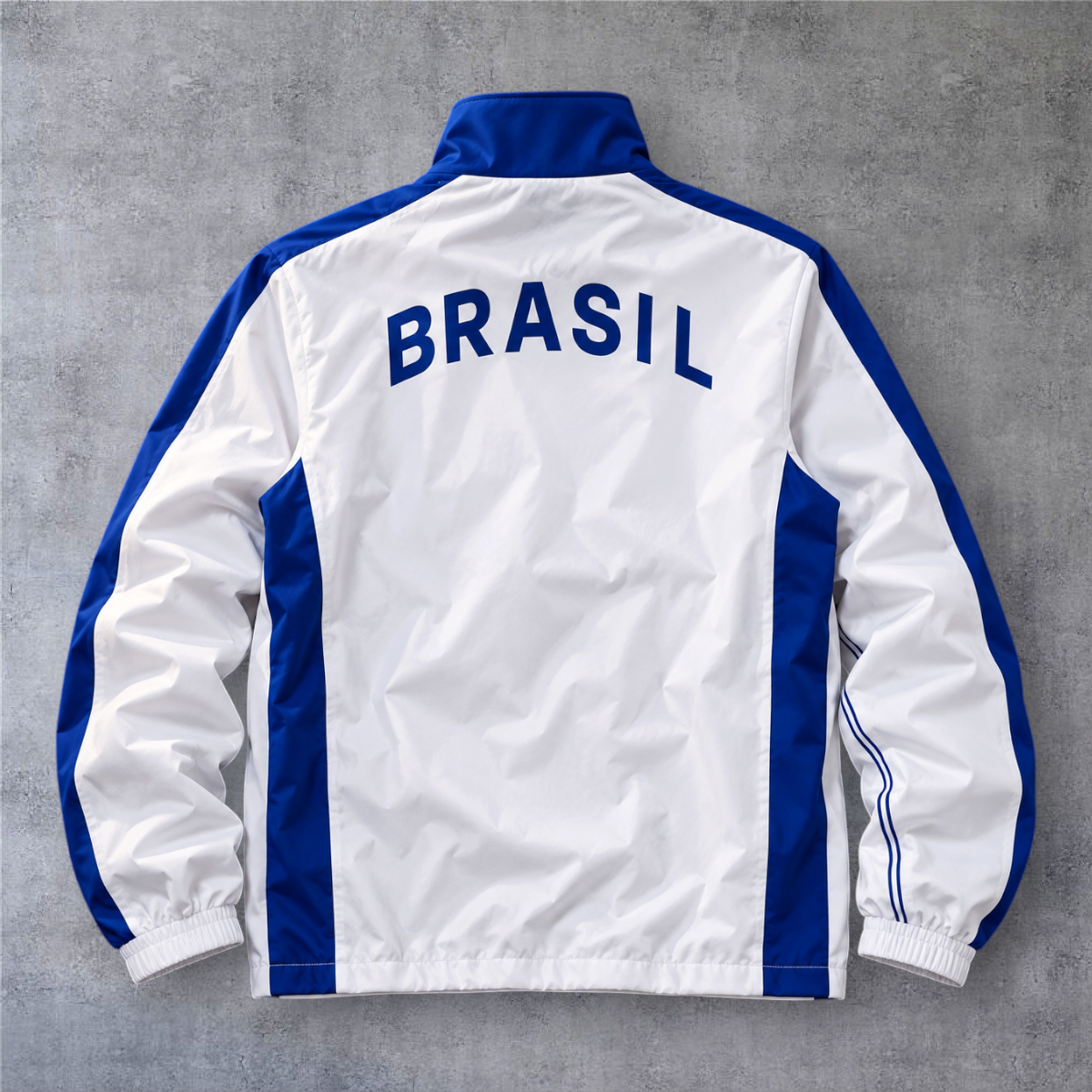 Casaco vintage A minha loja do Brasil de 1998, branco e azul, com fecho de correr e inscrição Brasil nas costas.