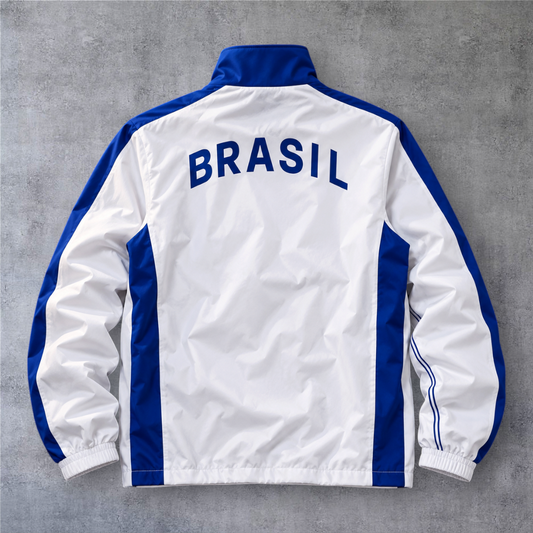 Casaco vintage A minha loja do Brasil de 1998, branco e azul, com fecho de correr e inscrição Brasil nas costas.
