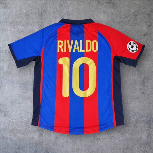 Camisola de futebol A minha loja do Barcelona 2001/02, modelo Rivaldo 10, com riscas azuis e vermelhas e emblema UCL