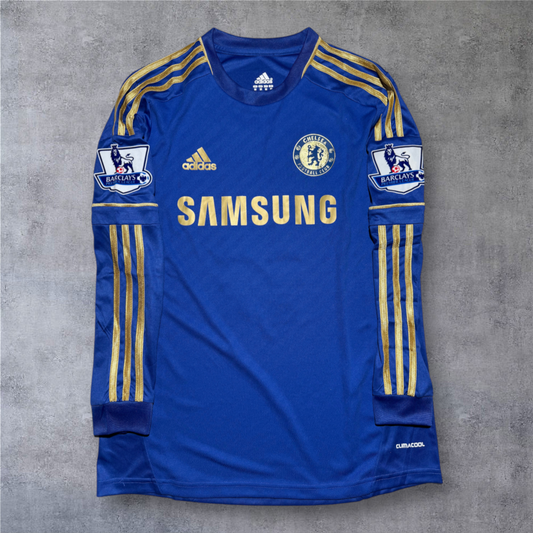 Camisola de futebol A minha loja Chelsea 2012/13 azul com detalhes dourados, mangas compridas e emblemas da Premier League