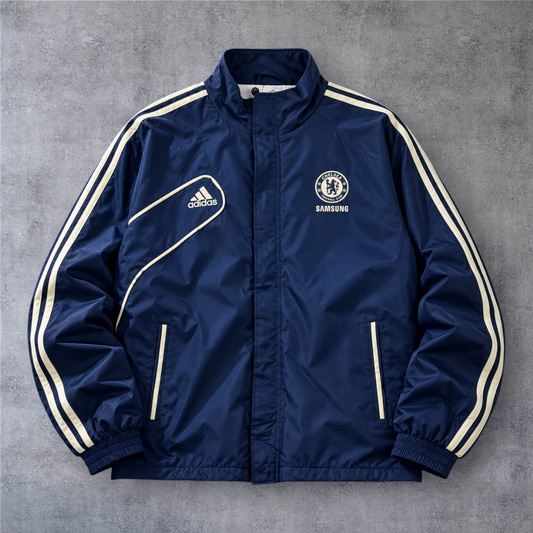 Casaco vintage do Chelsea 2012/13 azul marinho com fecho completo e detalhes da A minha loja