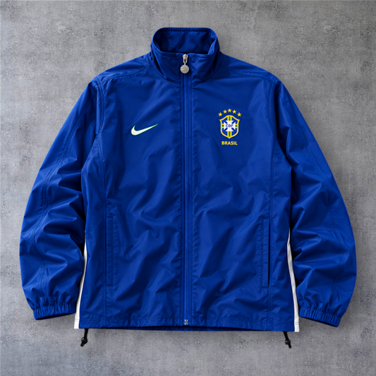 Casaco vintage A minha loja do Brasil de 1998 em azul com fecho frontal, logótipo da Nike e emblema da seleção.