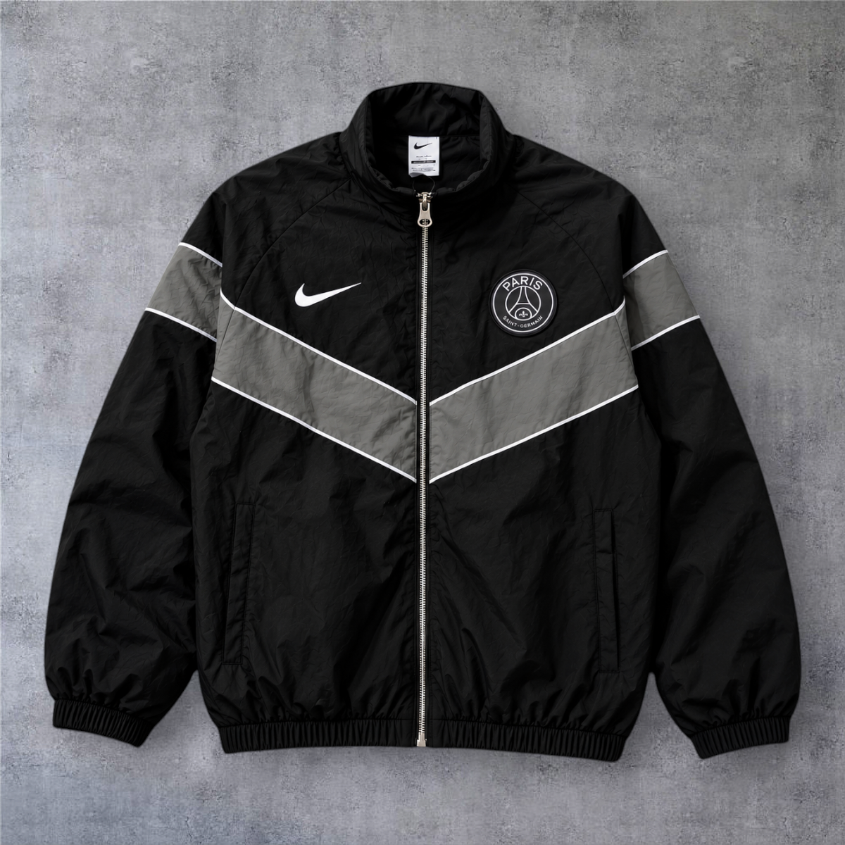 Casaco vintage A minha loja PSG 2019 preto com fecho completo, detalhes cinzentos e logótipo Nike