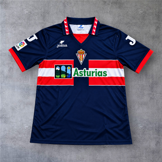Camisola de futebol A minha loja Sporting Gijon 1996/97 azul marinho com detalhes em vermelho e patrocinador Asturias