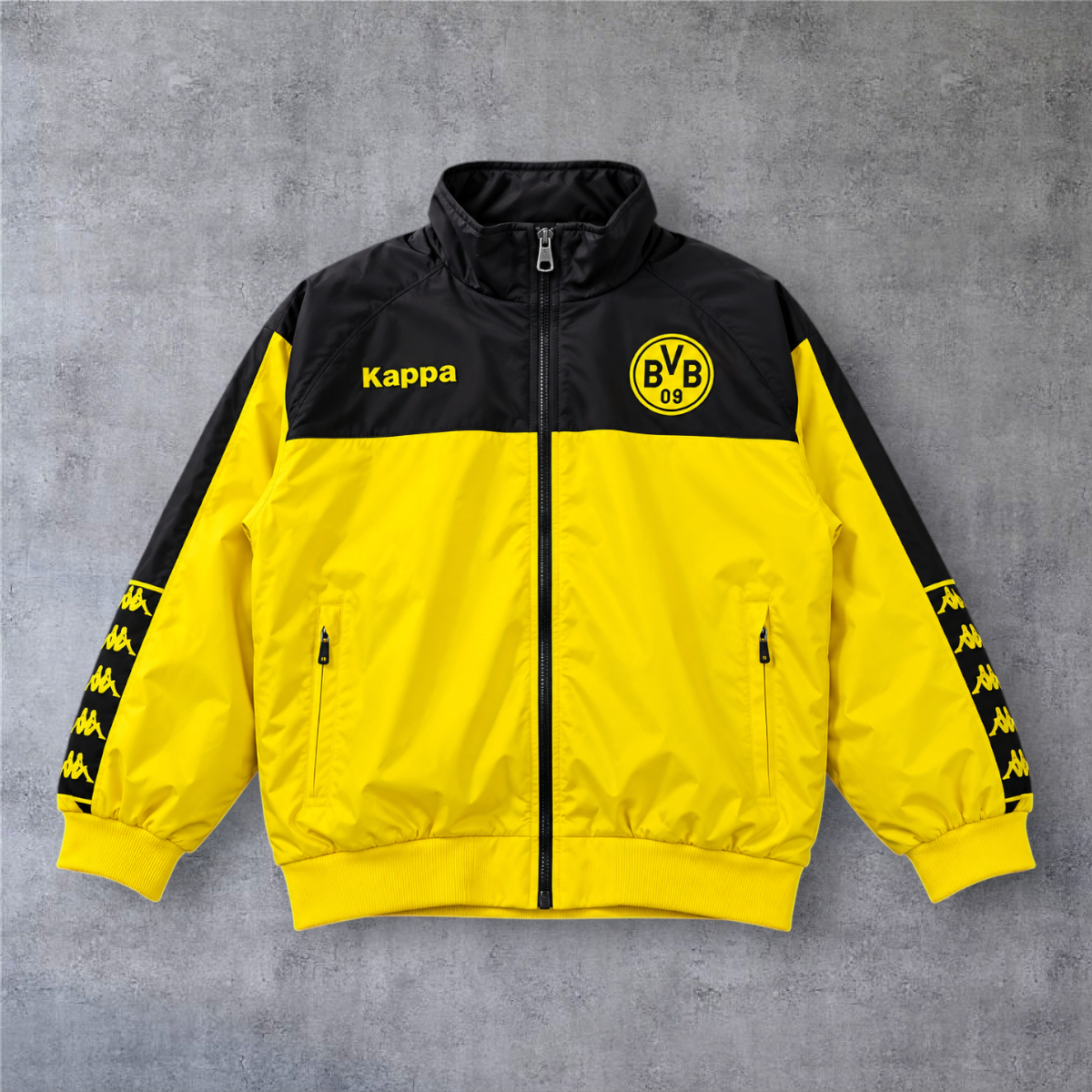 Casaco vintage A minha loja Dortmund 2012, preto e amarelo com fecho completo, logótipo Kappa e emblema do clube.