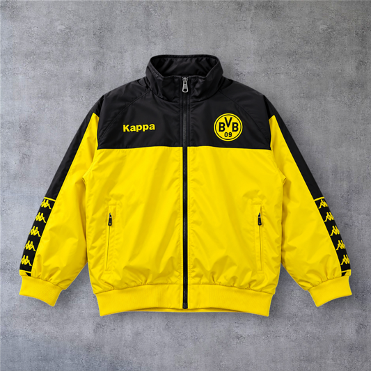 Casaco vintage A minha loja Dortmund 2012, preto e amarelo com fecho completo, logótipo Kappa e emblema do clube.