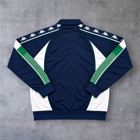 Casaco vintage A minha loja do Betis 1995/96 azul e branco com fecho completo e detalhes de marca nas mangas