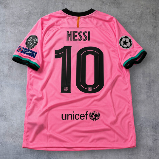 Camisola oficial A minha loja do Barcelona 2020/21, terceira edição rosa do Messi número 10 com emblemas Champions