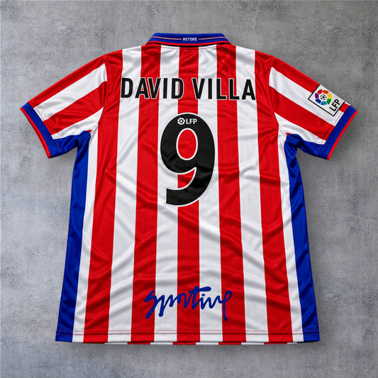 Camisola de futebol A minha loja Sporting Gijon 2002/03, listada em vermelho e branco com o nome David Villa e número 9